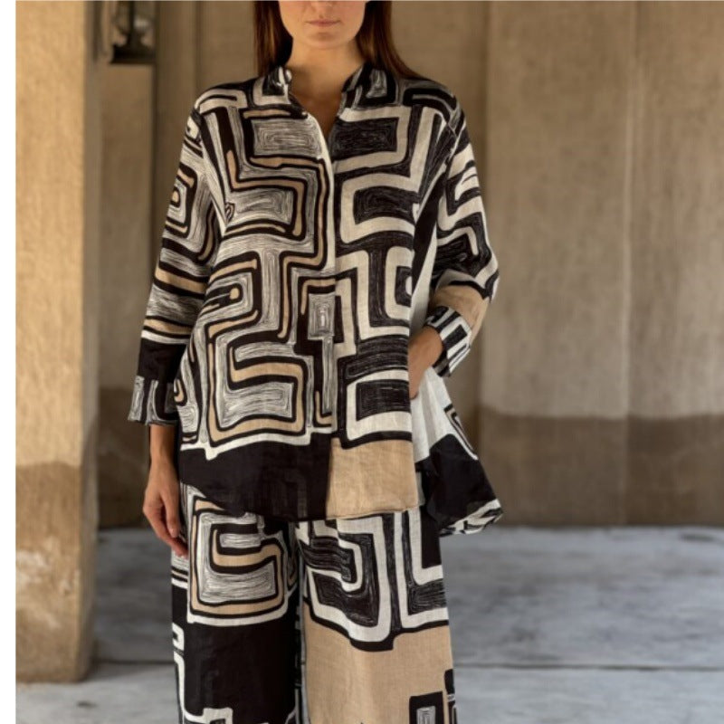 Women's Cotton Linen Multi Color Printed Long Sleeve Casual Straight
