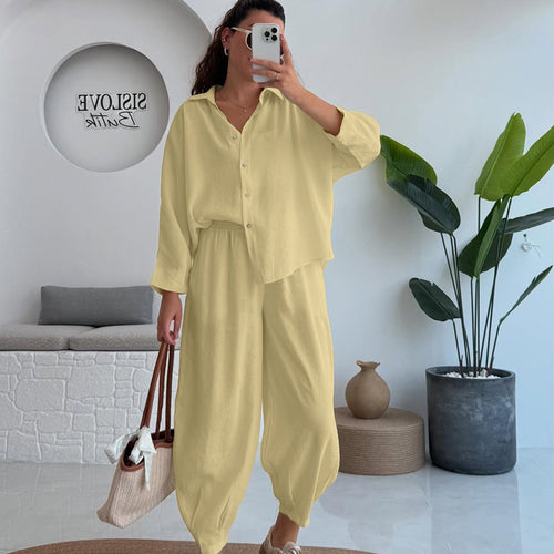Women Clothing Casual Simple Shirt Outfit Polo Collar Long Sleeve Shirt Trousers Two Piece Sets