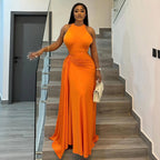 Fitted Waist Pleated Design Hip Dress Round Neck Sleeveless