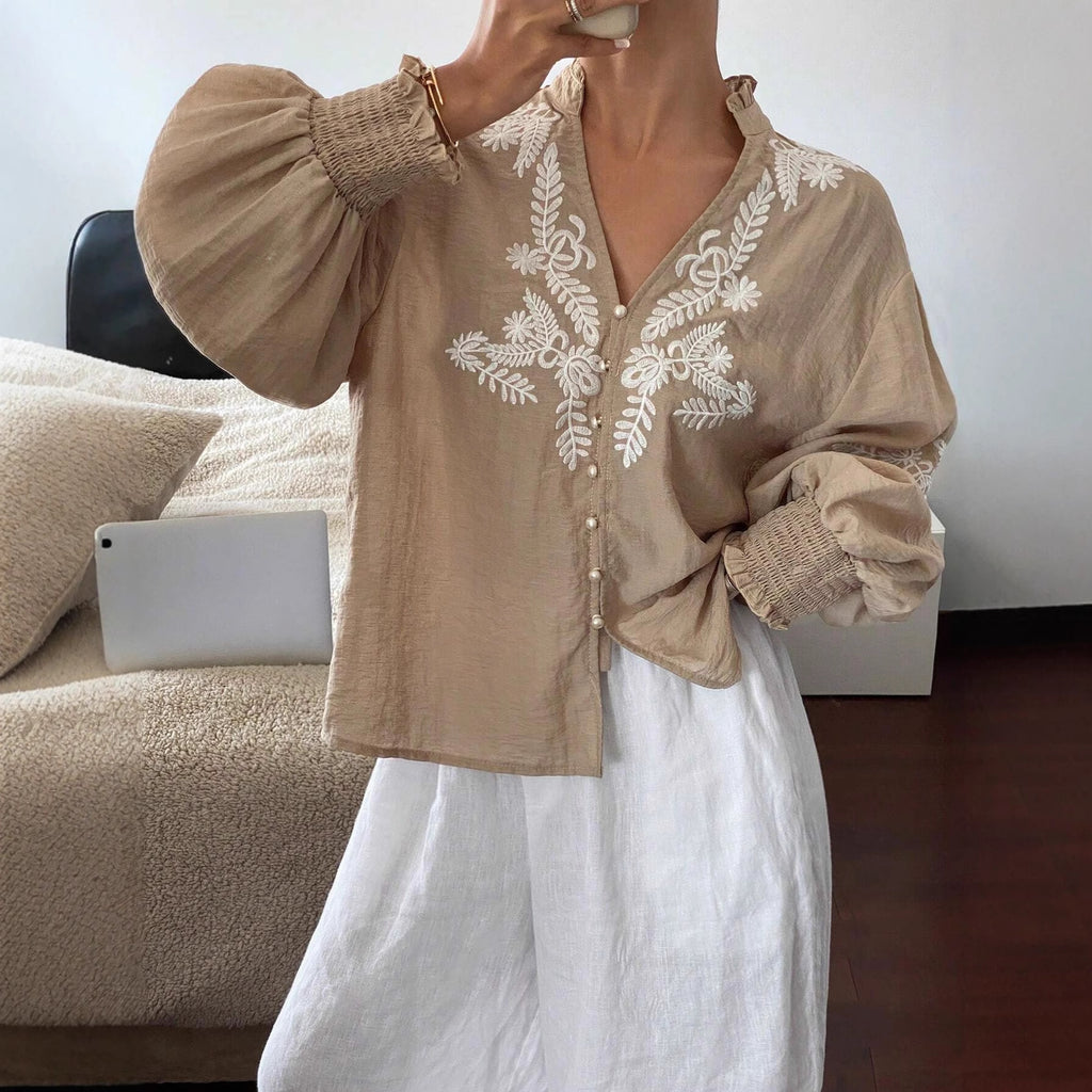 Women's Embroidery Pearl Single Breasted Lantern Long Sleeve Top