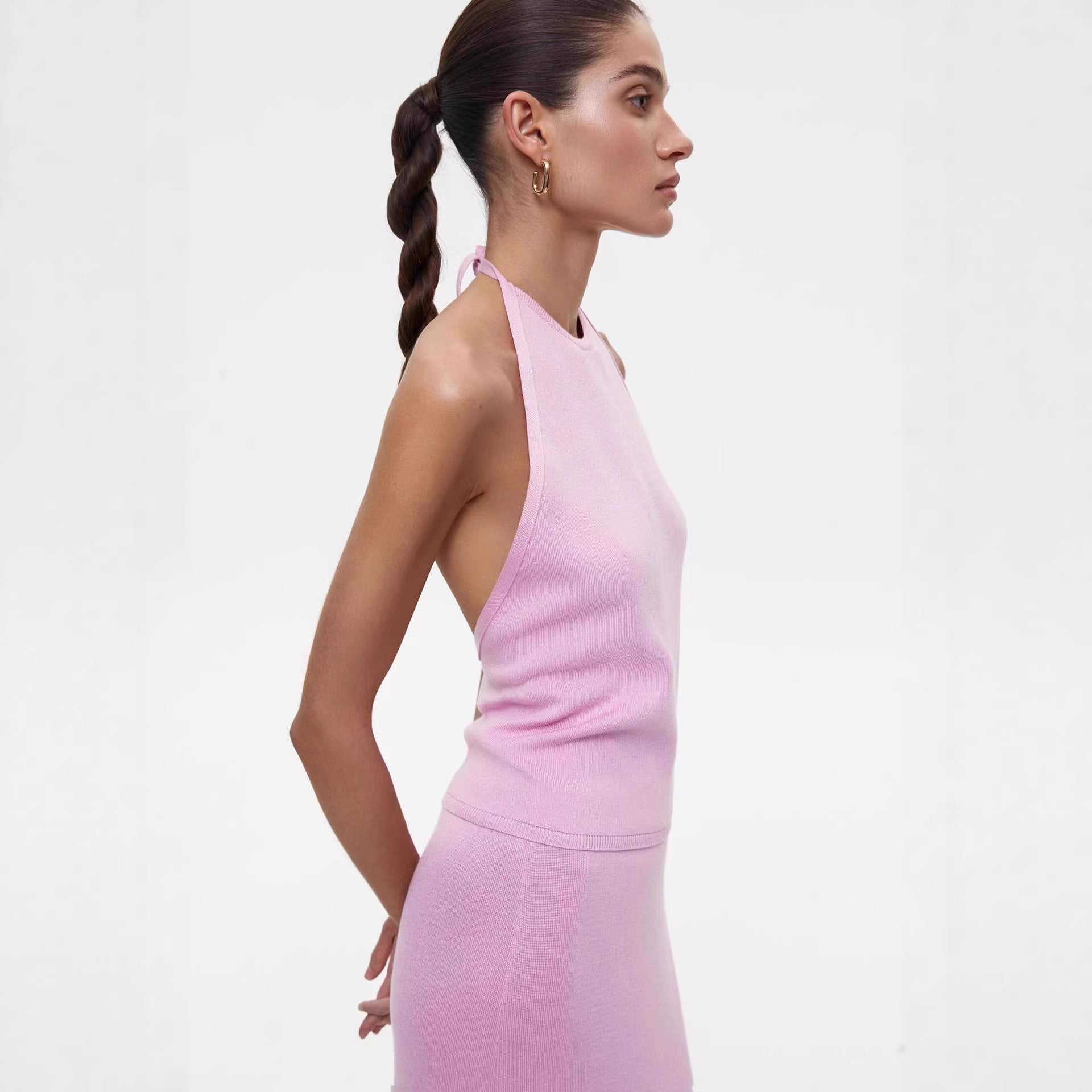Backless Halter Vest T shirt Long Skirt Elegant Sexy All Matching Set Women Party Beach