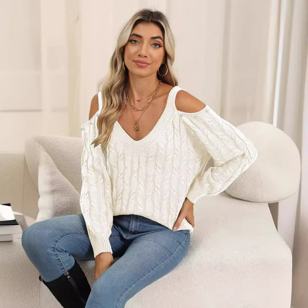 Woven Bottoming Shirt Women Clothing Autumn Winter Deep V Plunge Sexy off Shoulder Loose Pullover Sweater Top Women