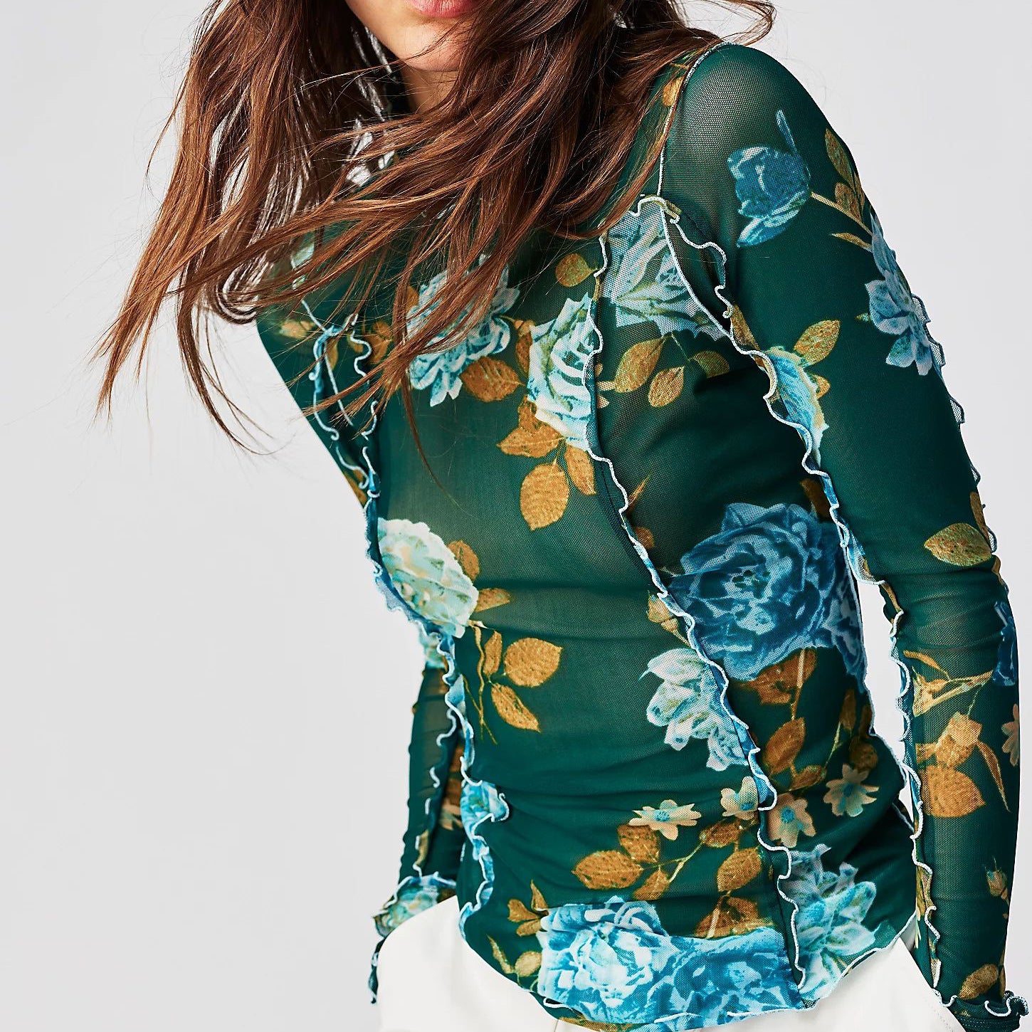 Floral Print Mock Neck Slim Fit Top