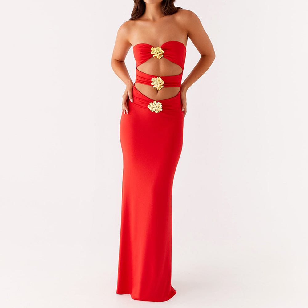Women's Ladies Cutout Dress Off Neck Metal Floral Slim Fit Maxi Dress