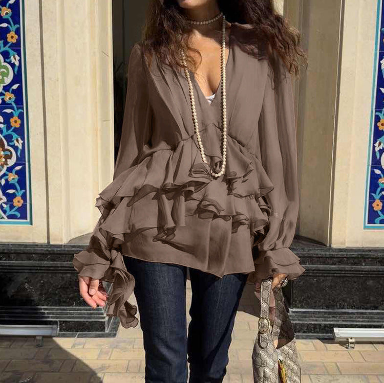 Chiffon V Neck Long Sleeve Shirt Pleated