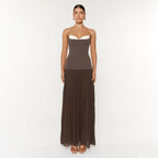 Women's Fall French Off-Shoulder Ruffled White Coffee Color Matching Pleated Strapless Dress