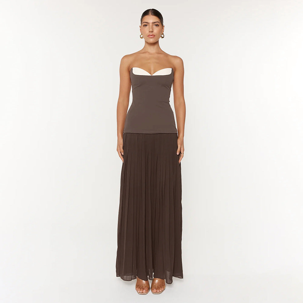 Women's Fall French Off-Shoulder Ruffled White Coffee Color Matching Pleated Strapless Dress