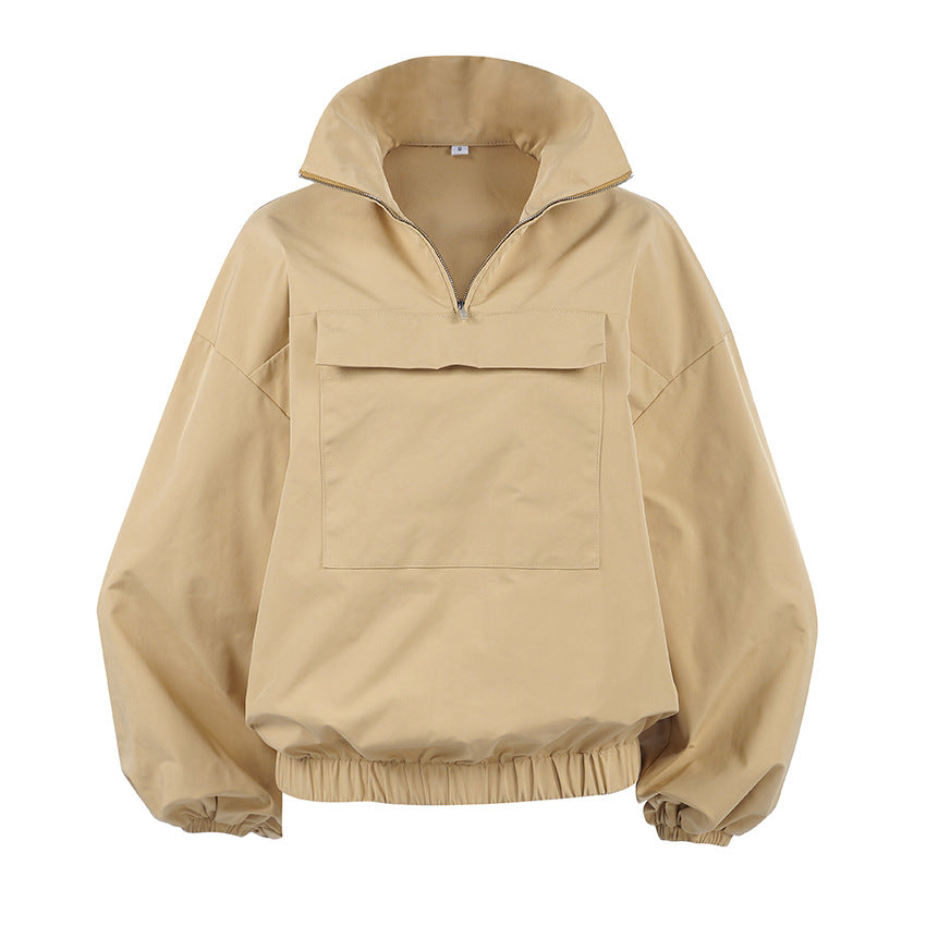 Autumn Winter British Apricot Polo Collar Zipper Drop