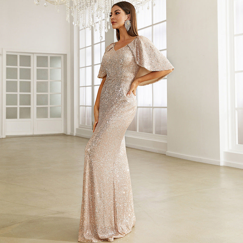 Women's V Neck Sequ Cocktail Sheath Mid Length Bridesmaid Evening Dress