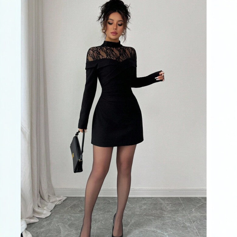 Black lace sheath dress with long sleeves, sheer lace yoke, fitted above-knee hem