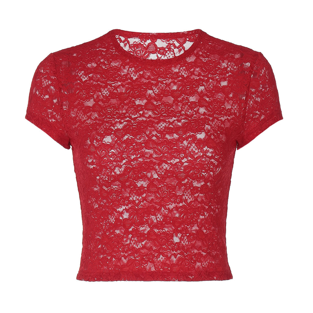 Women's Sheer Lace Crew Neck Short Sleeve Top