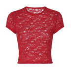 Women's Sheer Lace Crew Neck Short Sleeve Top