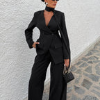 Women Office Waist Controlled Collared Long Sleeve Top Loose Trousers Two Piece Set