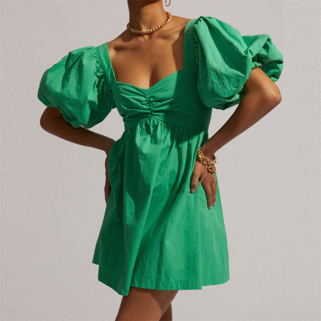 Women's Cotton V-Neck Puff-Sleeve Mini Dress