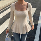 Women's French Square Collar Knitwear Women Autumn Winter Waist Trimming Ruffles Slimming Long Sleeve Bottoming Top