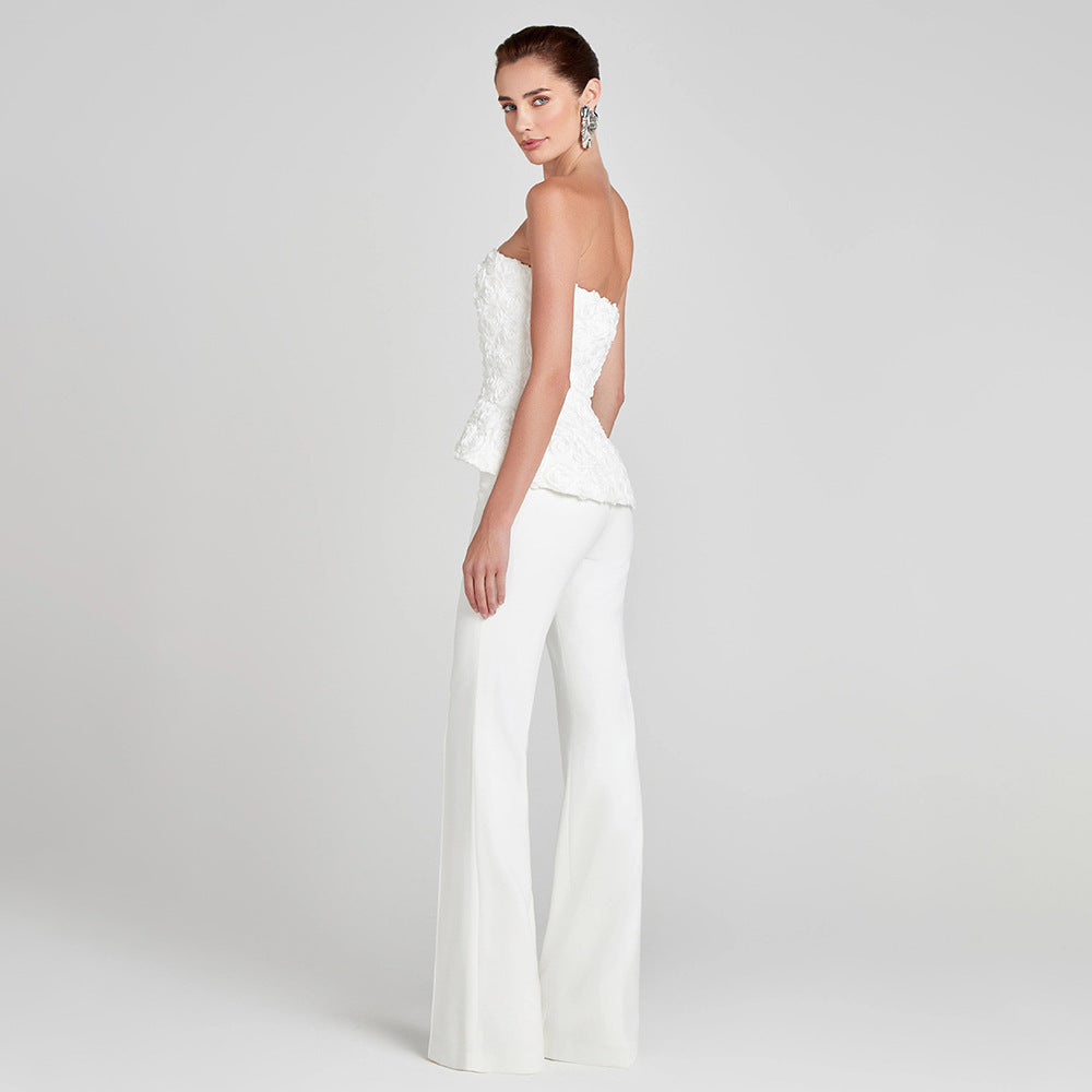 Women's White Bra Trousers High Waist Casual Set Three Dimensional Floral Vision