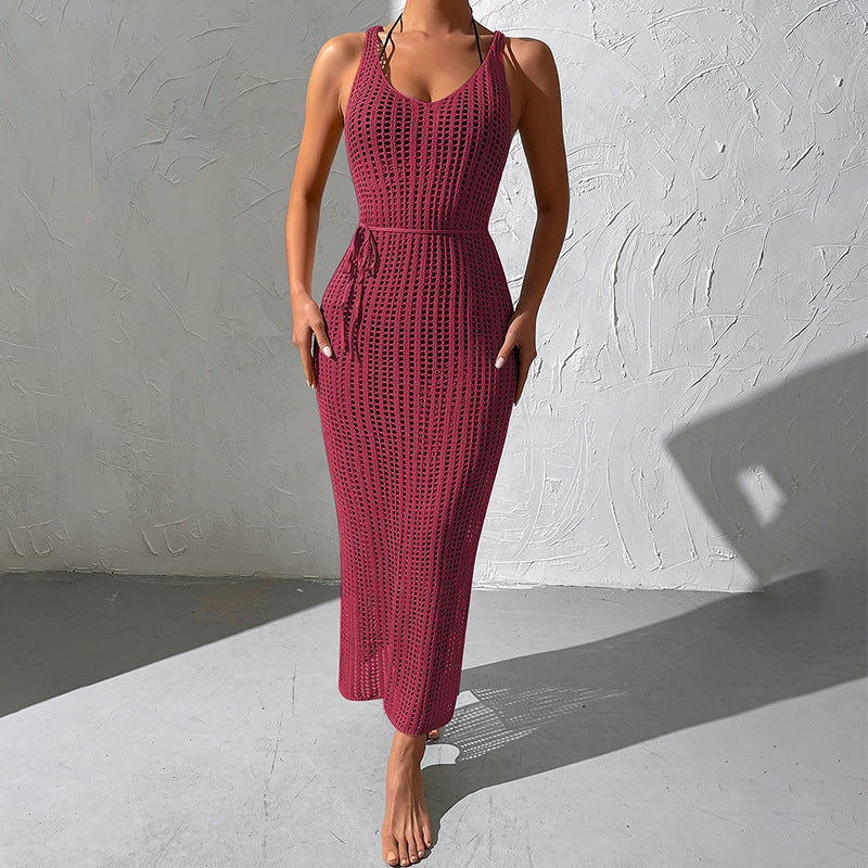 Burgundy knitted maxi dress with scoop neck, sleeveless design, and openwork pattern