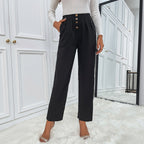 Vietnam Cropped Front Breasted Solid Color Loose Pants