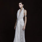 White Halter Lace Maxi Dress Deep V Plunge Twist Waist Split Sexy Backless Dress