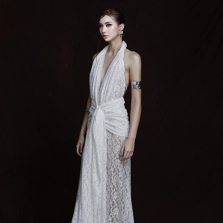 White Halter Lace Maxi Dress Deep V Plunge Twist Waist Split Sexy Backless Dress