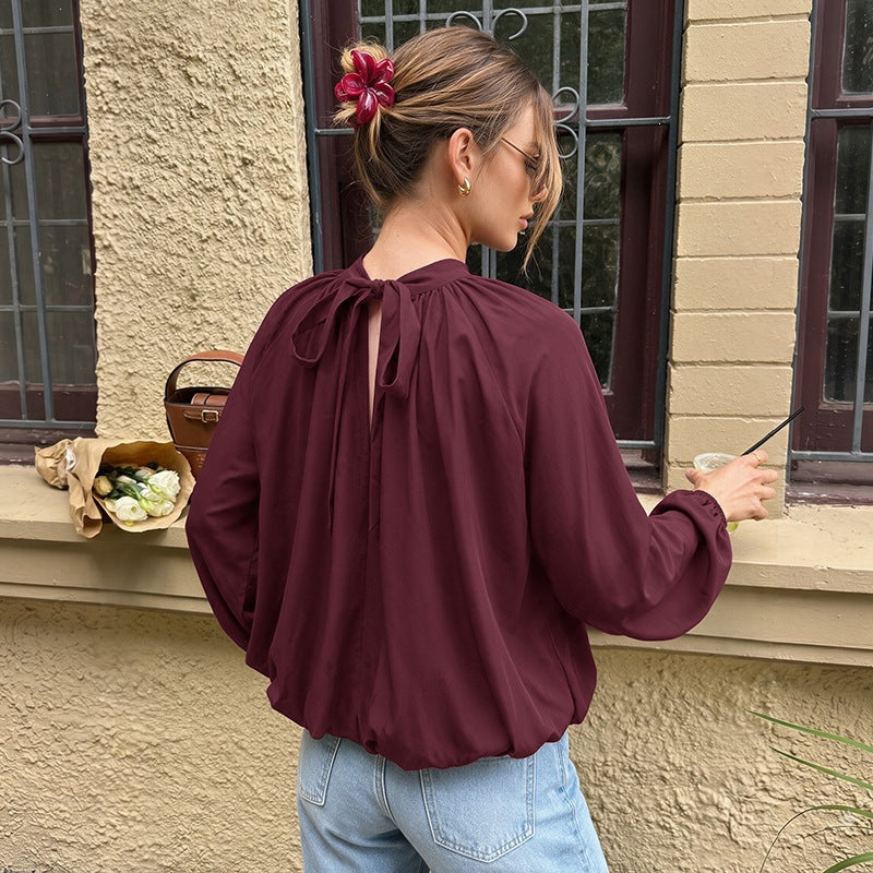 Women's Lace-Up Back Long-Sleeve Blouse