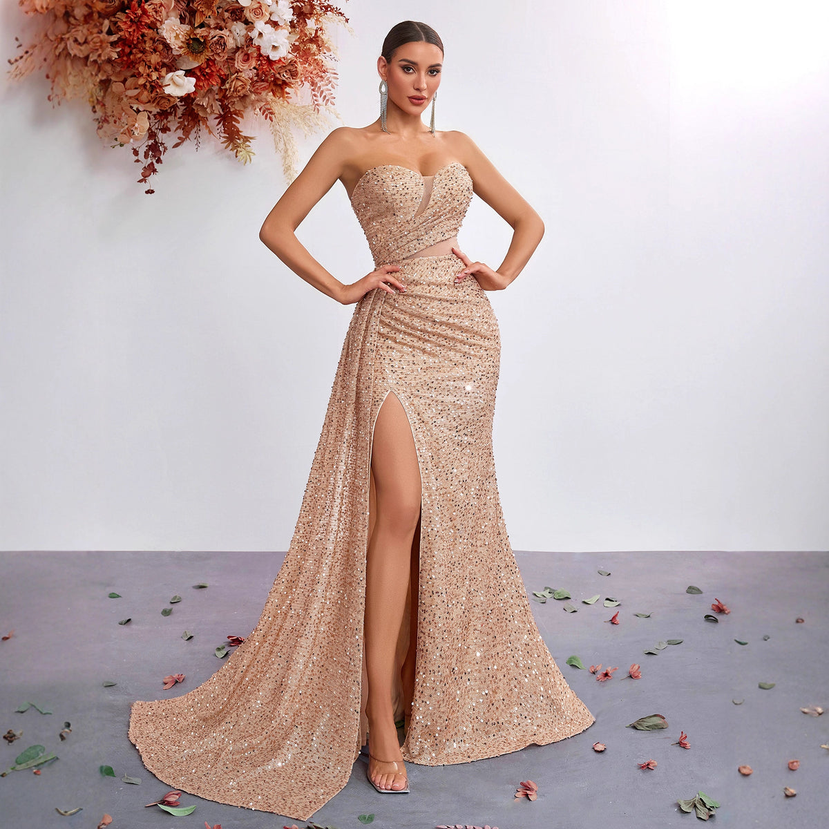 Women's Sequin Sweetheart Asymmetric Fishtail Maxi Dress