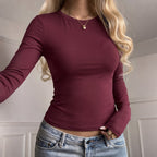 Autumn Simple Elastic Rib Slim Cropped Outfit Top