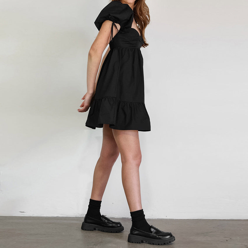 Black Cotton Puff-Sleeve Off-Shoulder Dress