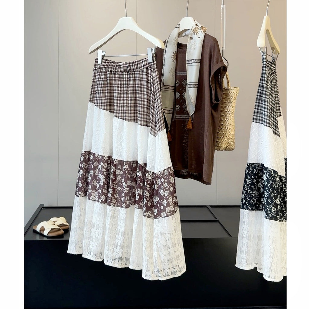 Retro Artistic Floral Plaid Stitching Lace Skirt Women