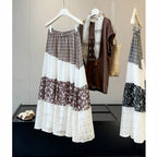 Retro Artistic Floral Plaid Stitching Lace Skirt Women