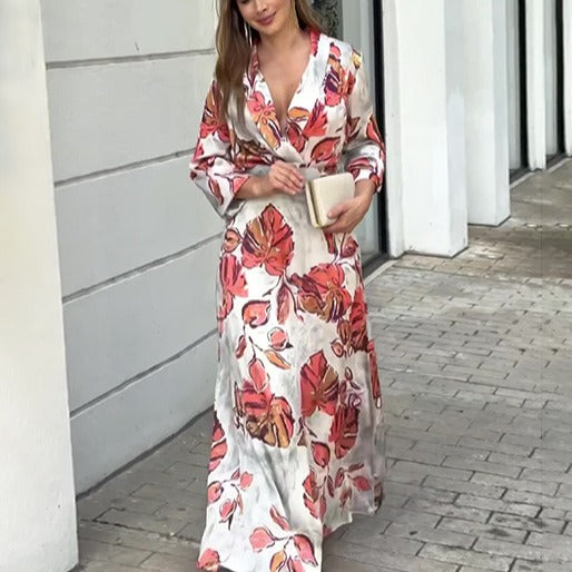 Autumn Printed Deep V Plunge Neck Slim Fit Maxi Dress Long Sleeve Large