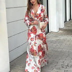 Autumn Printed Deep V Plunge Neck Slim Fit Maxi Dress Long Sleeve Large