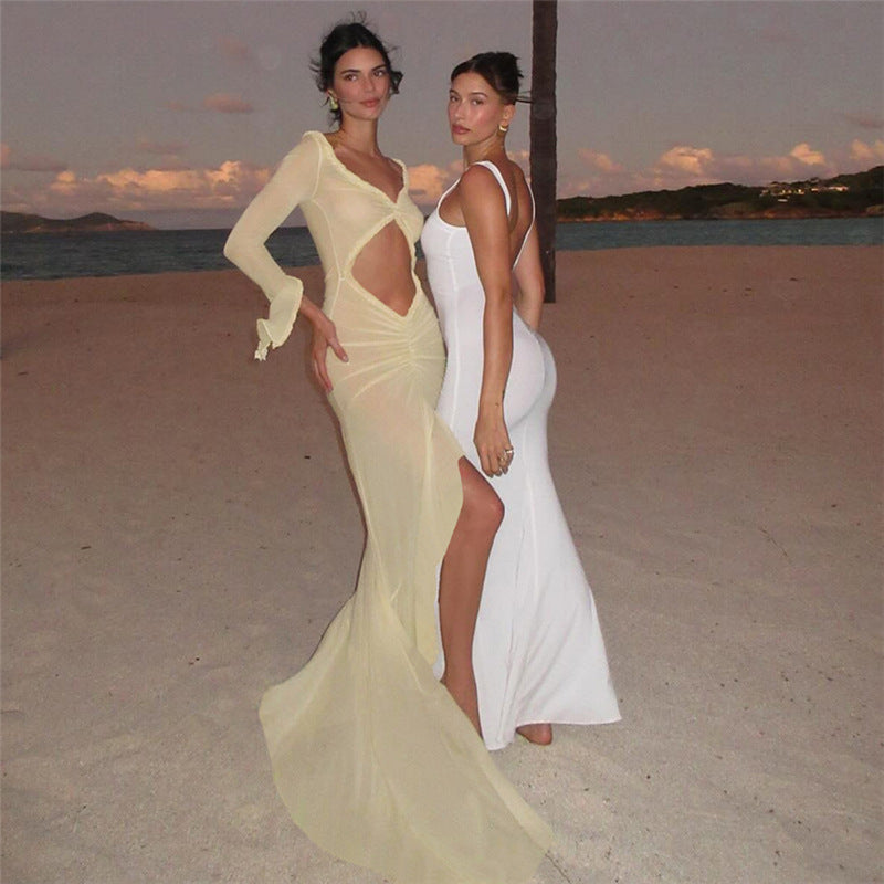 Women's Summer Women Collection V Neck See Through Sexy L Hollow Out Cutout Out Pleated Lace Slim Fit Dress