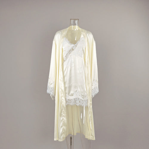 Cream satin lace-trim nightdress with V-neck lace applique and long sleeves