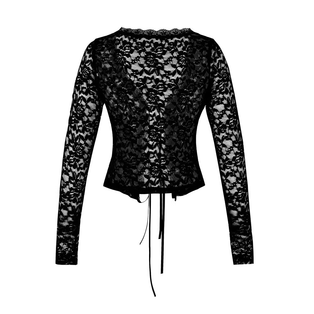 Lace Up V Neck Long Sleeve Crop Top