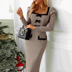 French Dress Long Sleeve Tight Hip Belt Plaid Stretch Knitted