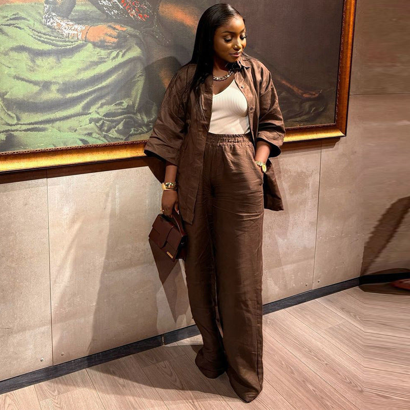 Cardigan Solid Color Top Loose Trousers African Two-Piece Set