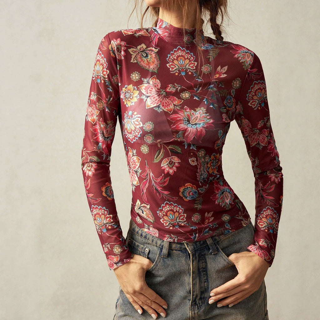 Women's Retro Floral Printed Mesh Half Turtleneck Slim Long Sleeve Top