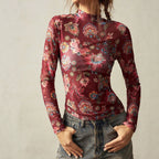 Women's Retro Floral Printed Mesh Half Turtleneck Slim Long Sleeve Top