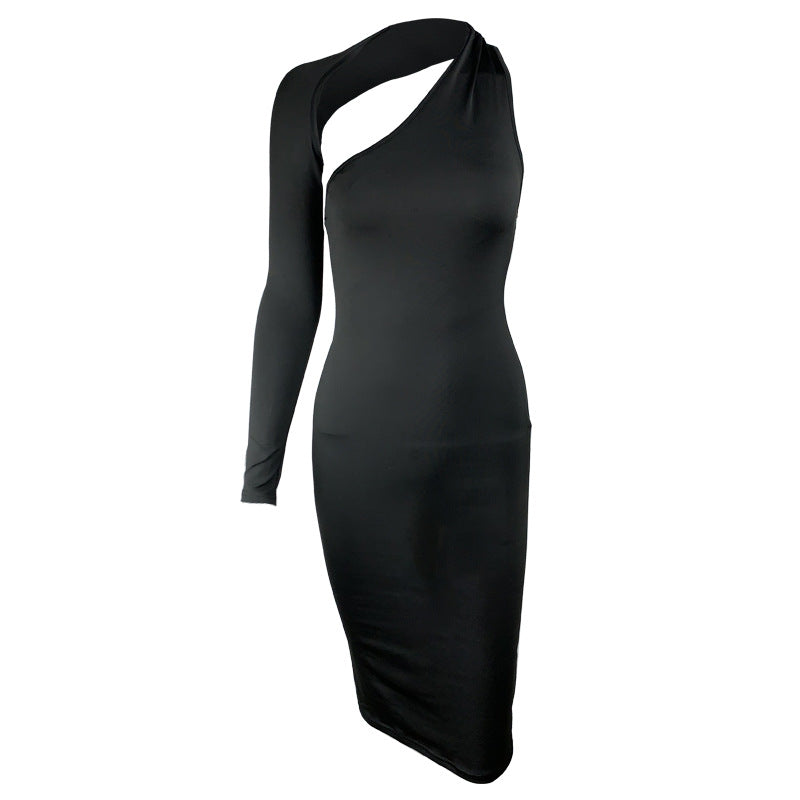 Women's Spring Summer Women Clothing Single Sleeve Irregular Asymmetric Sexy Slim Dress Dress Dress