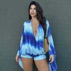 Women Clothing Summer Tie Dye Printed Bell Sleeved Slit Top