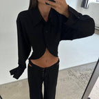 Collared Long Sleeves Cropped White Shirt Hollow