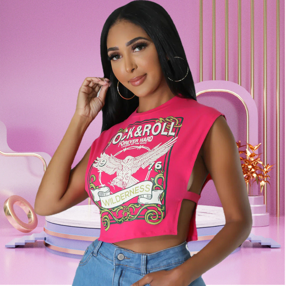 Women's Graphic Sleeveless Cutout Crop Top