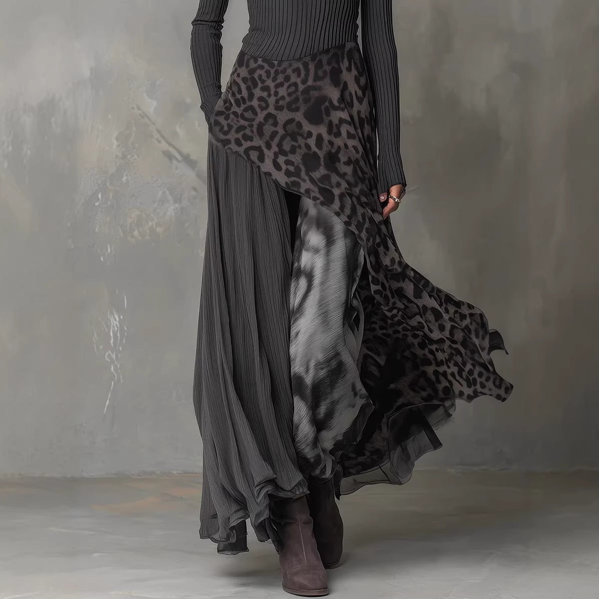 Leopard Print Elastic Waist Large Swing Casual Dress