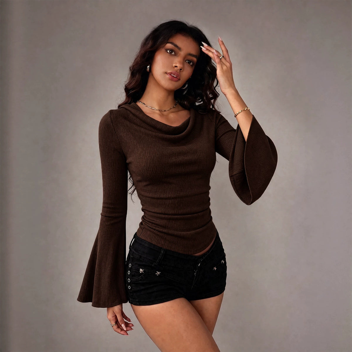 Women's Autumn Winter Swing Collar Long Sleeved T Shirt Fitted