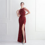 Women's Embellished Micro Glass Bead Beaded Cocktail Evening Dress Elegant Long