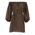 Long-Sleeve Off-Shoulder Cotton Short Dress Brown Puff Sleeve