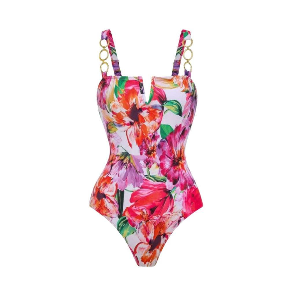 Floral one-piece swimsuit with gold ring shoulder straps and ruched bust