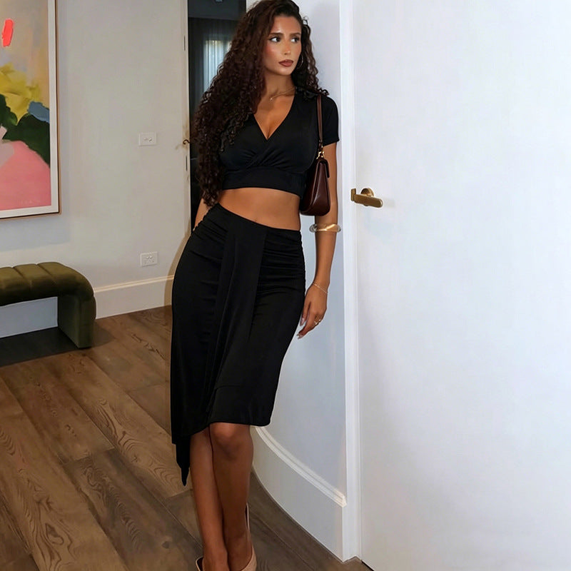 Spring Women Clothing Solid Color Sexy V neck Slim Short