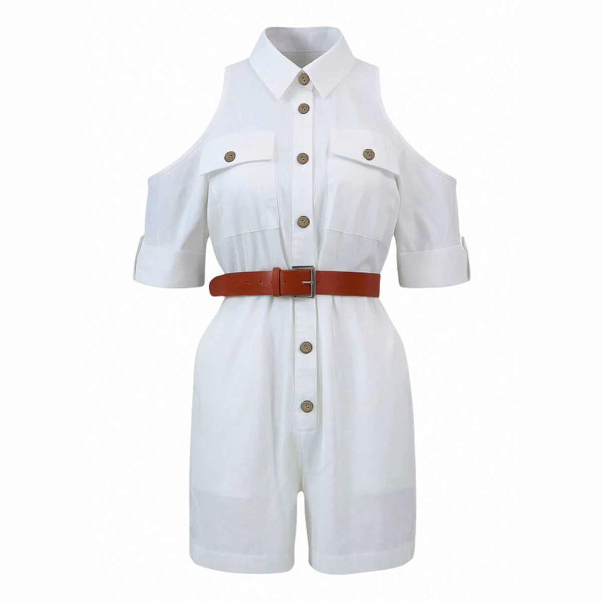 White off Shoulder Clothes Short Sleeve Waist Controlled Office Overalls Vacation Casual Romper